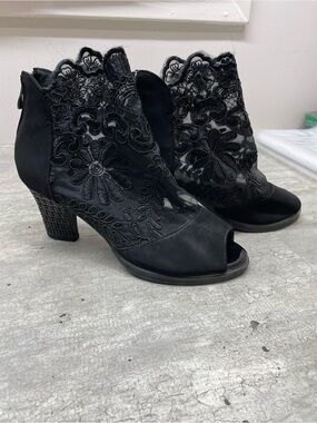 Jingeyan Peep Toe Ankle Boots Womens 35 Black Excellent Floral Mesh Lace Heel